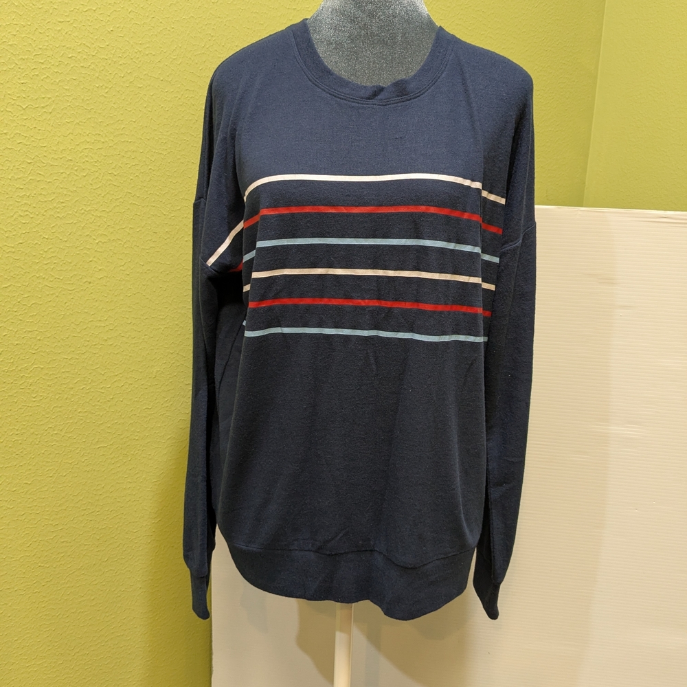 0526 PJ Salvage Navy Top with Multicolor Stripes